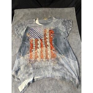 One World Women Blue American Flag Lace Tunic Top Rhinestone Sharkbite Hem Large